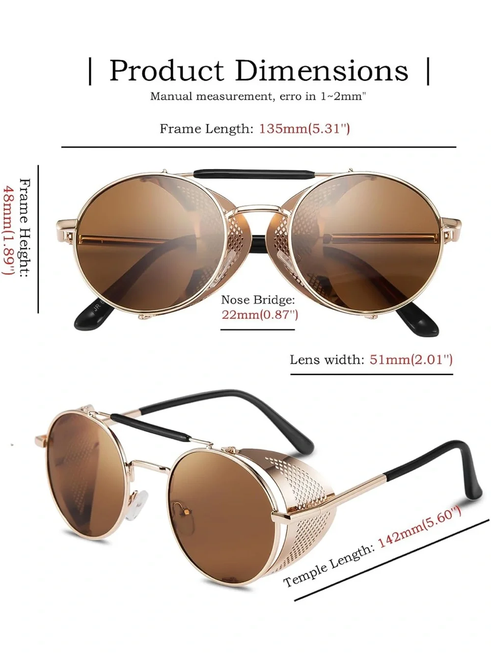 Round Steampunk Side-Shield Sunglasses in Rose Gold and Brown